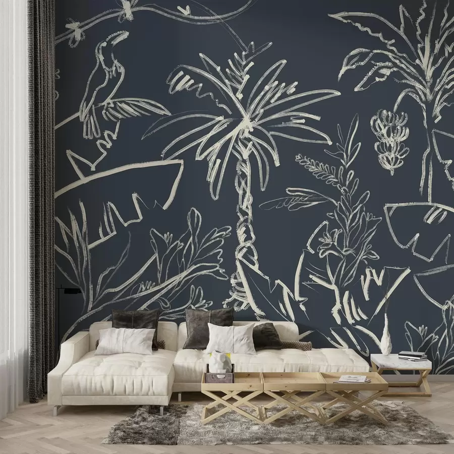wall murals Tropical pattern on dark blue background, palm trees, bananas w04020v4