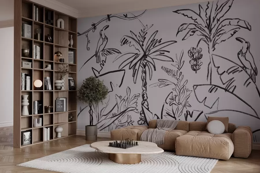 peintures murales Motif tropical en noir, palmiers, bananes, graphiques de contour w04020v7