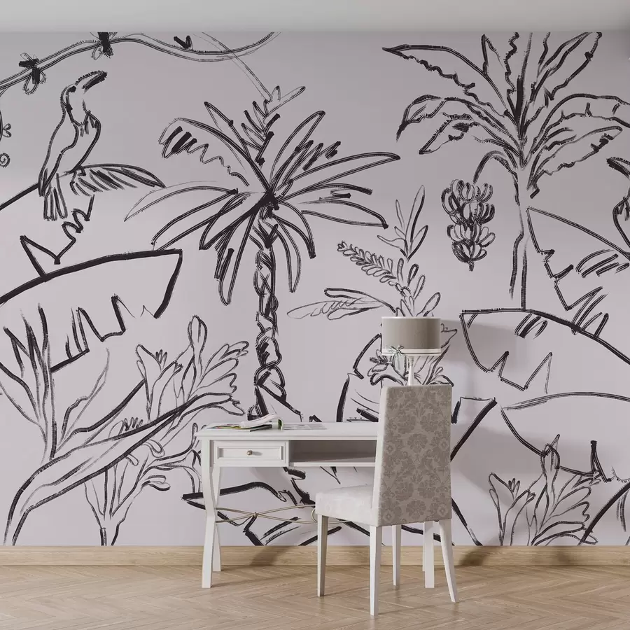 peintures murales Motif tropical en noir, palmiers, bananes, graphiques de contour w04020v7