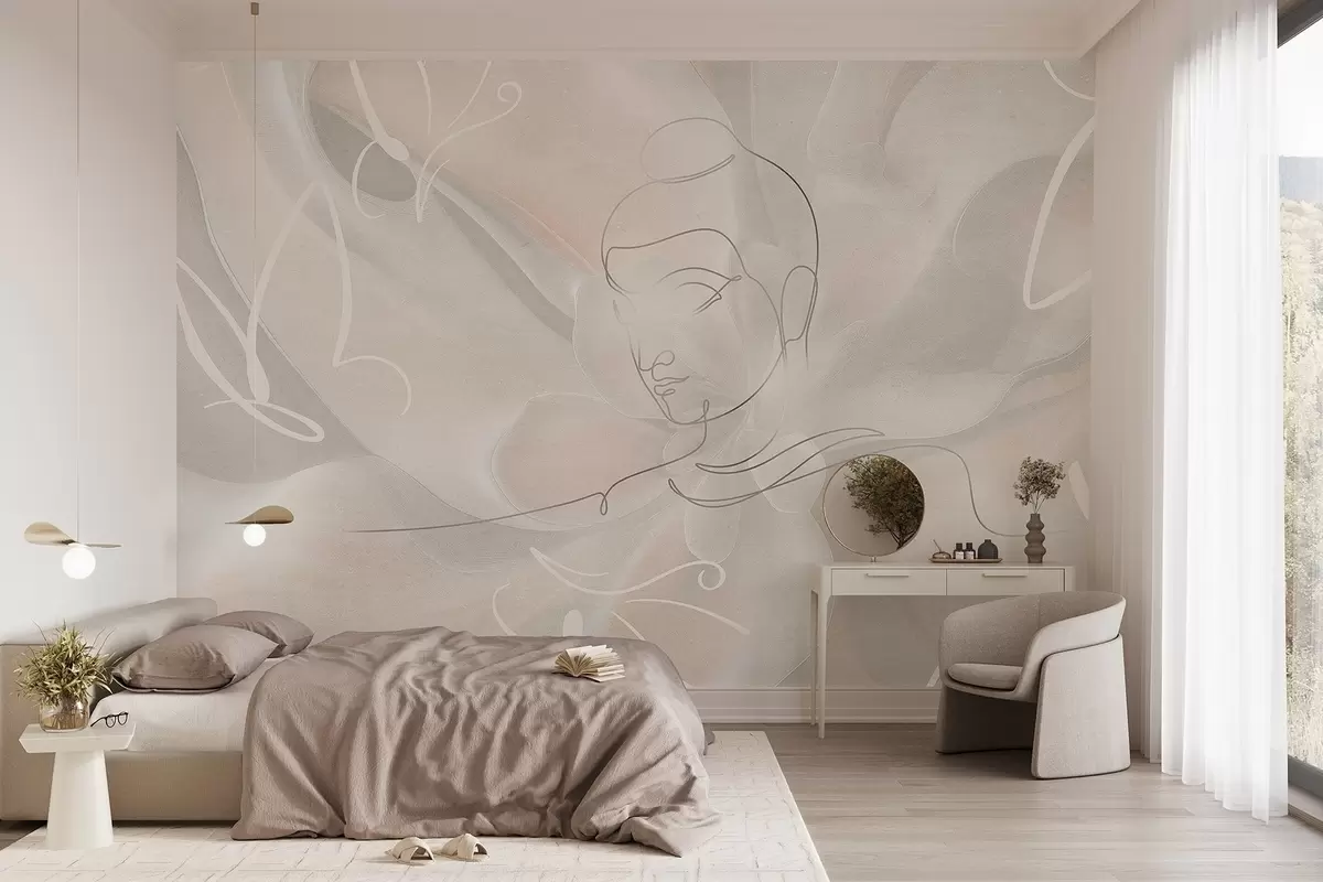 Wall Mural Photo Wallpaper Floral abstraction with Buddha line drawing, beige colors w04004