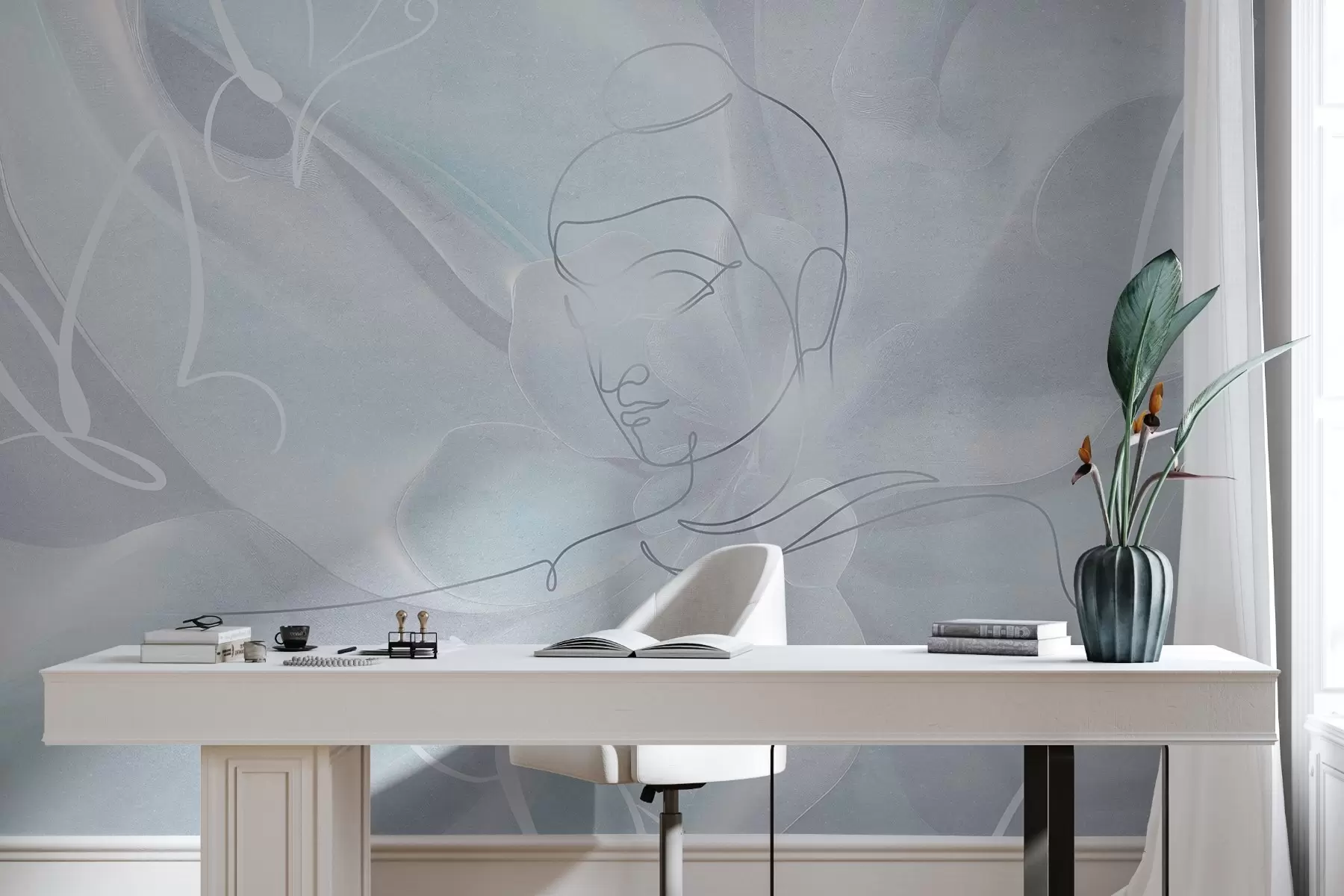 murales Abstracción floral con dibujo lineal de Buda, colores azules w04004v1