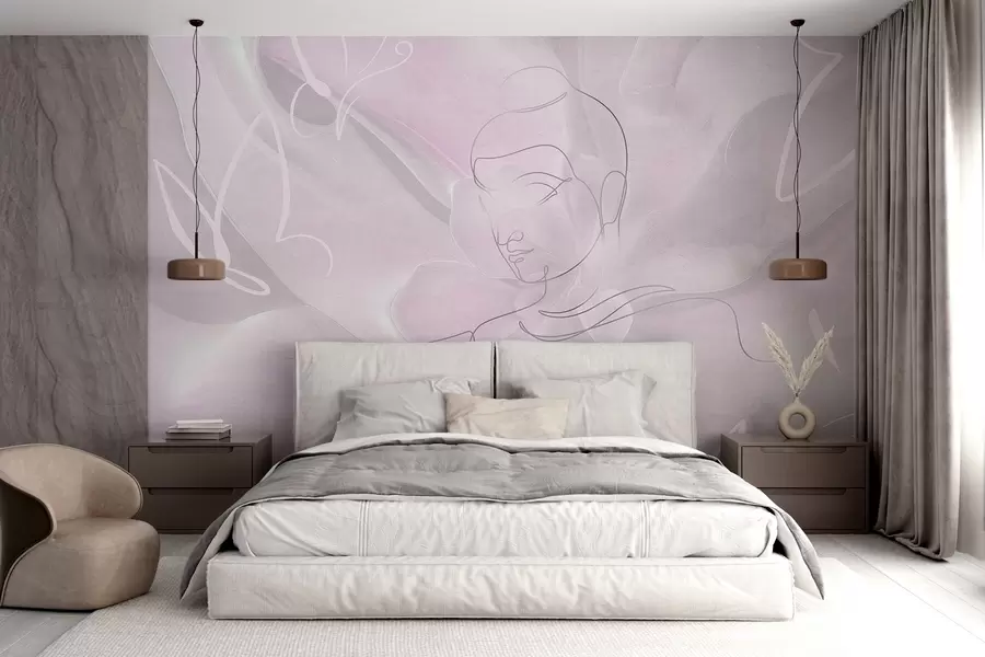 Wall Mural Photo Wallpaper Floral abstraction with Buddha line drawing, pink colors w04004v2