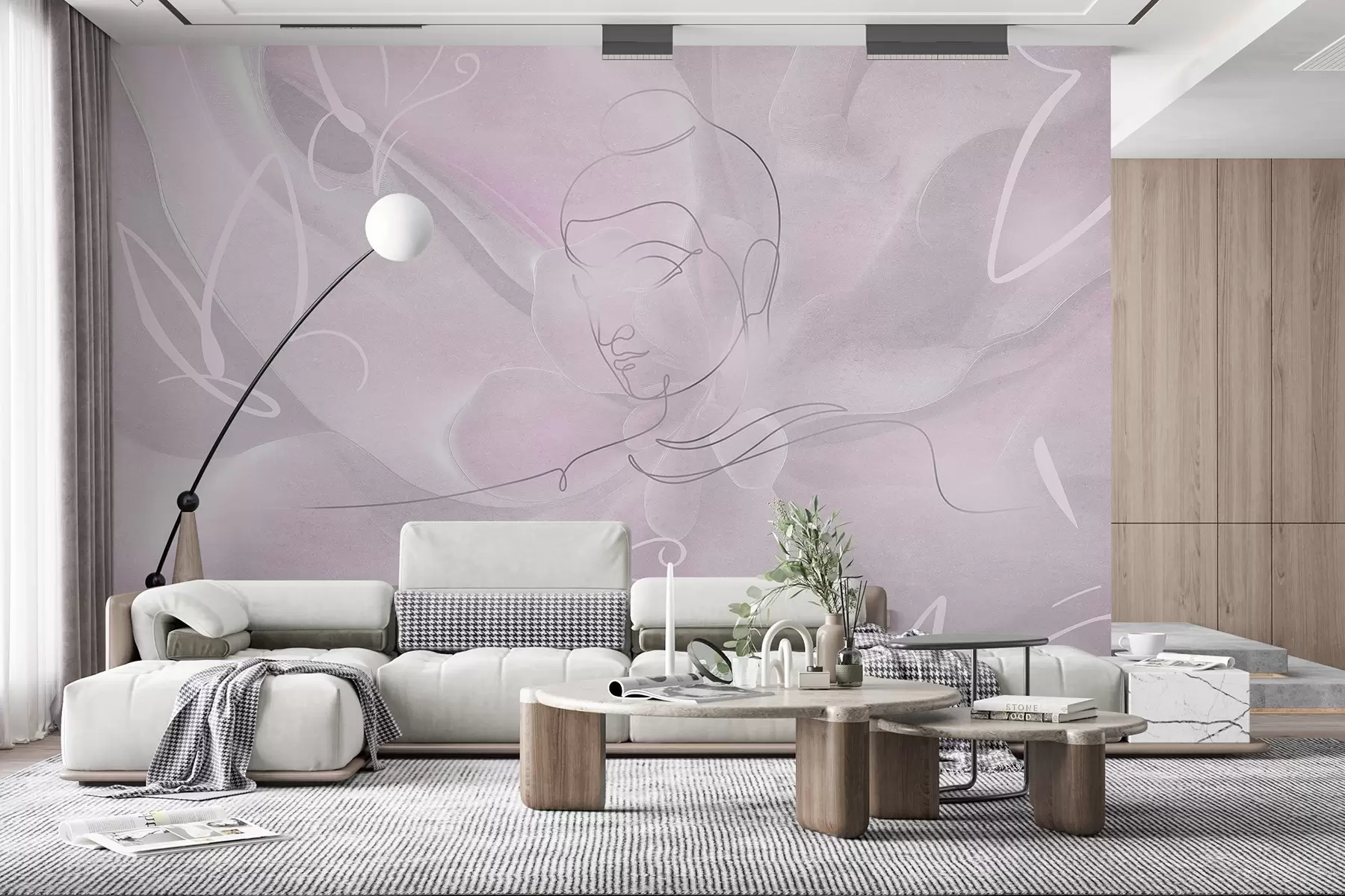 Wall Mural Photo Wallpaper Floral abstraction with Buddha line drawing, pink colors w04004v2