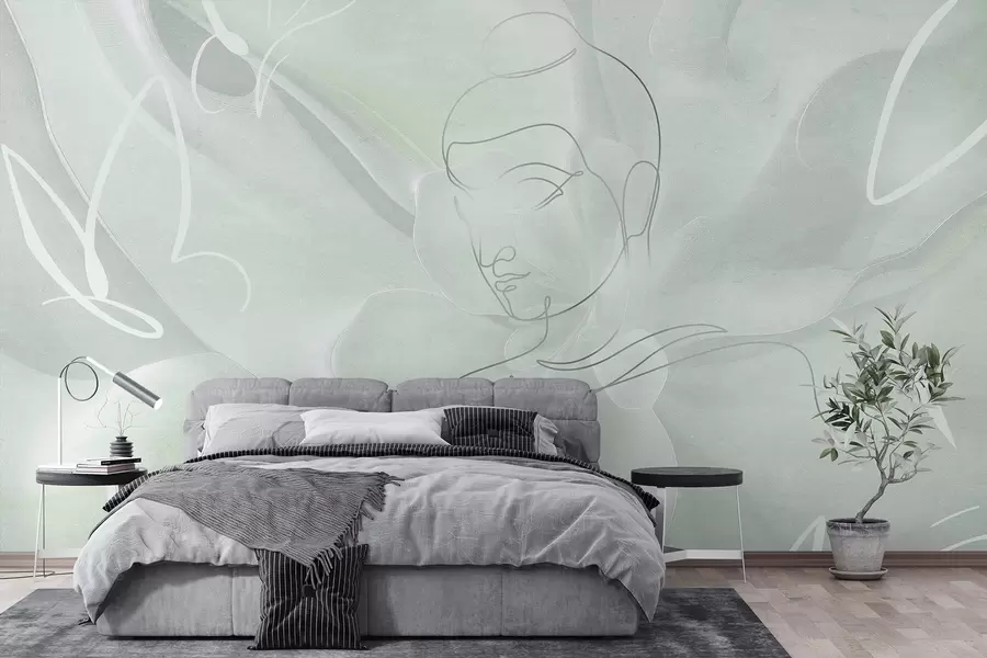 Wall Mural Photo Wallpaper Floral abstraction with Buddha line drawing, green colors w04004v3