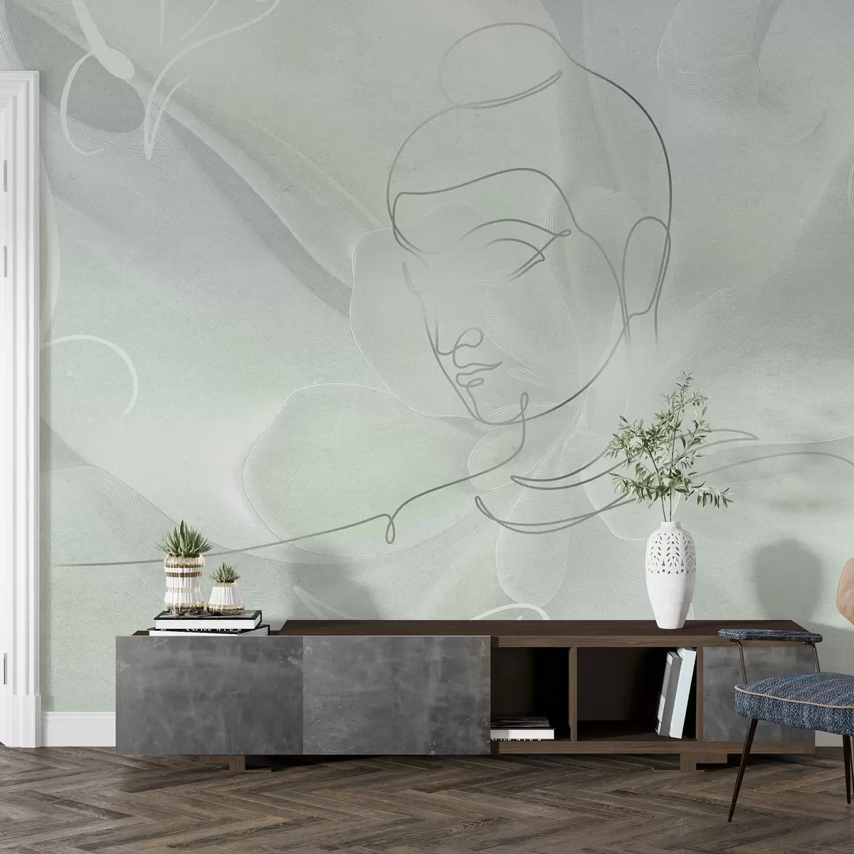 Wall Mural Photo Wallpaper Floral abstraction with Buddha line drawing, green colors w04004v3