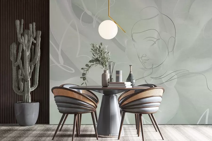 murales Abstracción floral con dibujo lineal de Buda, colores verdes w04004v3