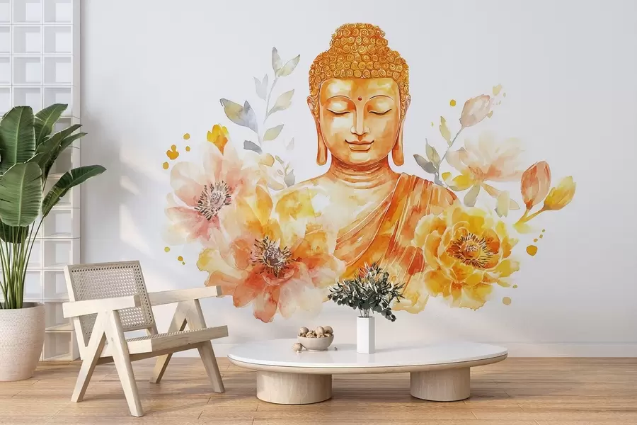 peintures murales Bouddha en aquarelle avec des fleurs, spirituel, palette de couleurs orange w04005