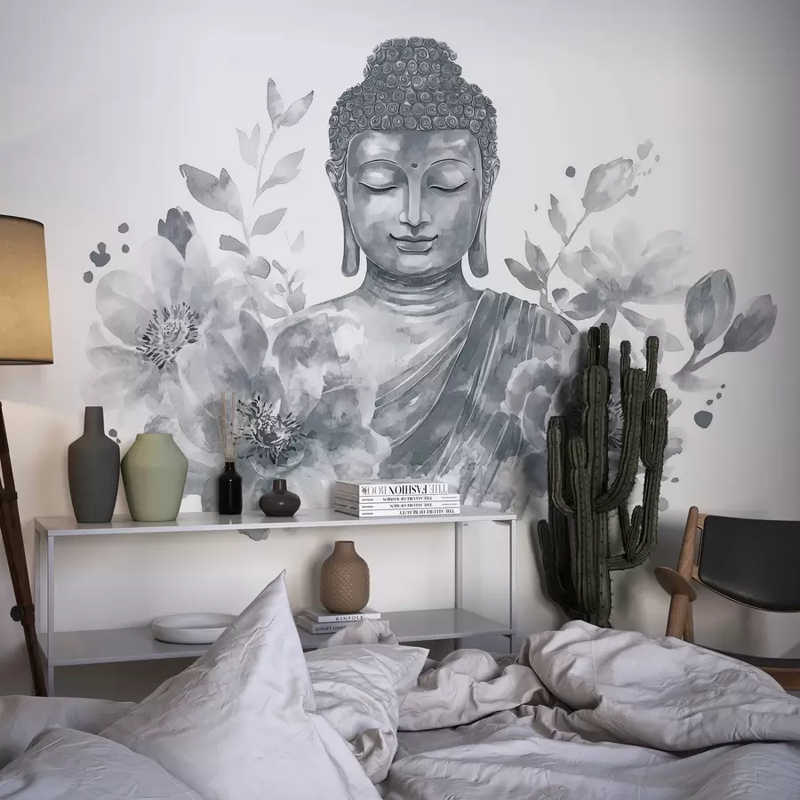 murais de parede Buda em aguarela com flores, espiritual, paleta de cores cinzenta  w04005v1