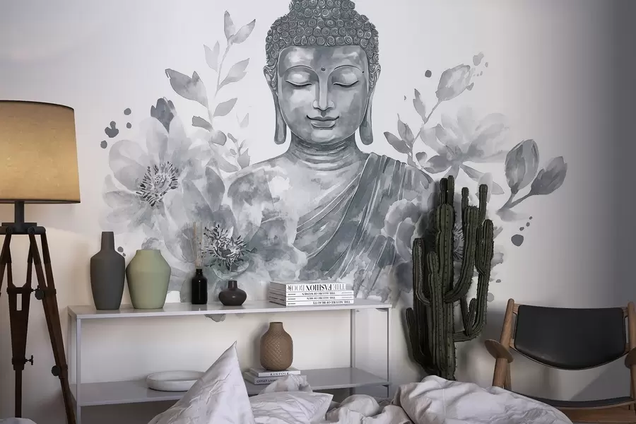 murais de parede Buda em aguarela com flores, espiritual, paleta de cores cinzenta  w04005v1