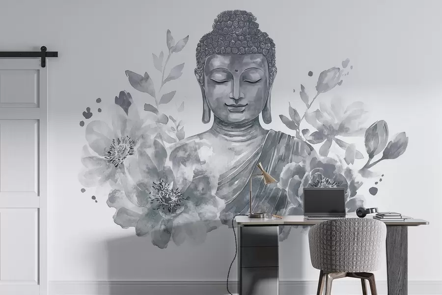 peintures murales Bouddha en aquarelle avec des fleurs, spirituel, palette de couleurs grises w04005v1