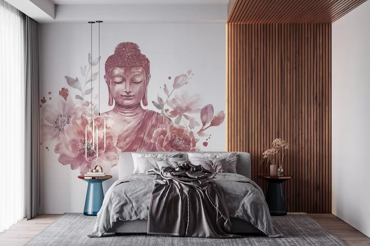Wall Mural Photo Wallpaper Watercolor Buddha with flowers, spiritual, burgundy color palette  w04005v2