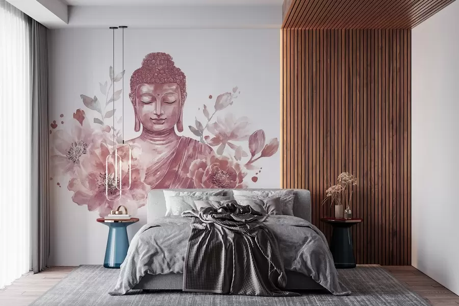 peintures murales Bouddha aquarelle avec fleurs, spirituel, palette de couleurs bordeaux w04005v2