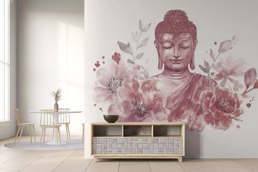 peintures murales Bouddha aquarelle avec fleurs, spirituel, palette de couleurs bordeaux w04005v2