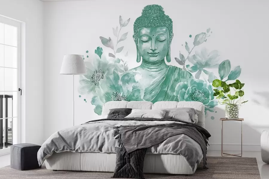 wall murals Watercolor Buddha with flowers, spiritual, green color palette w04005v3