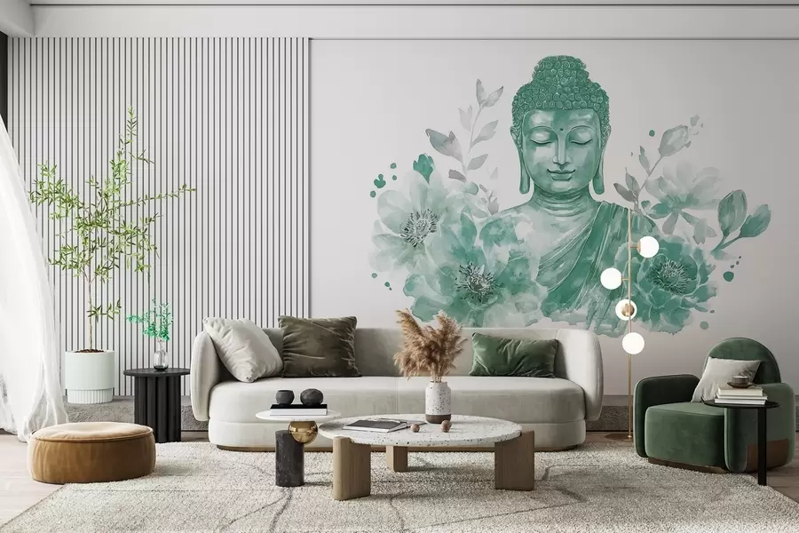 wall murals Watercolor Buddha with flowers, spiritual, green color palette w04005v3