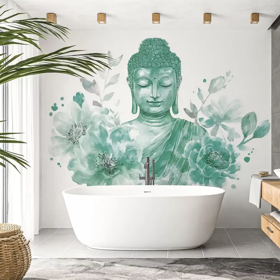 wall murals Watercolor Buddha with flowers, spiritual, green color palette w04005v3