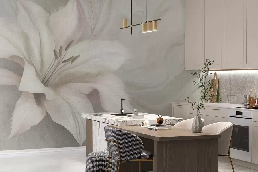 murales Flor de lirio abstracción fluida, floral, colores grises w04006v2