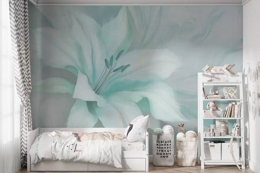 wall murals Lily flower fluid abstraction, floral, aquamarine colors w04006v3