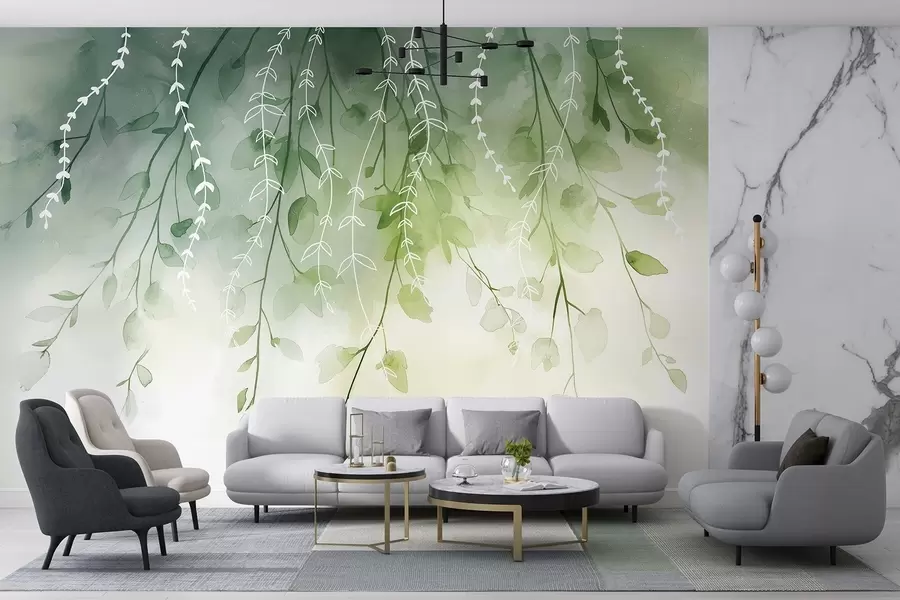 Wall Mural Photo Wallpaper Branches with leaves in watercolor style, natural green colors w04007
