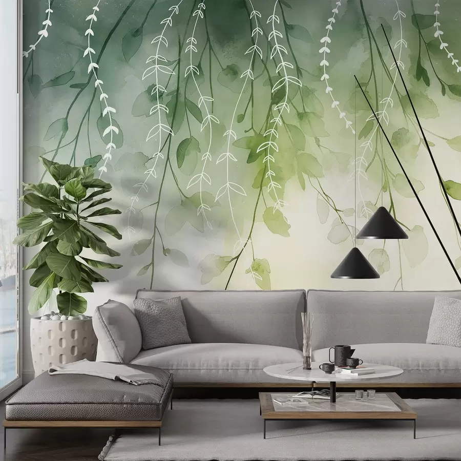 Wall Mural Photo Wallpaper Branches with leaves in watercolor style, natural green colors w04007