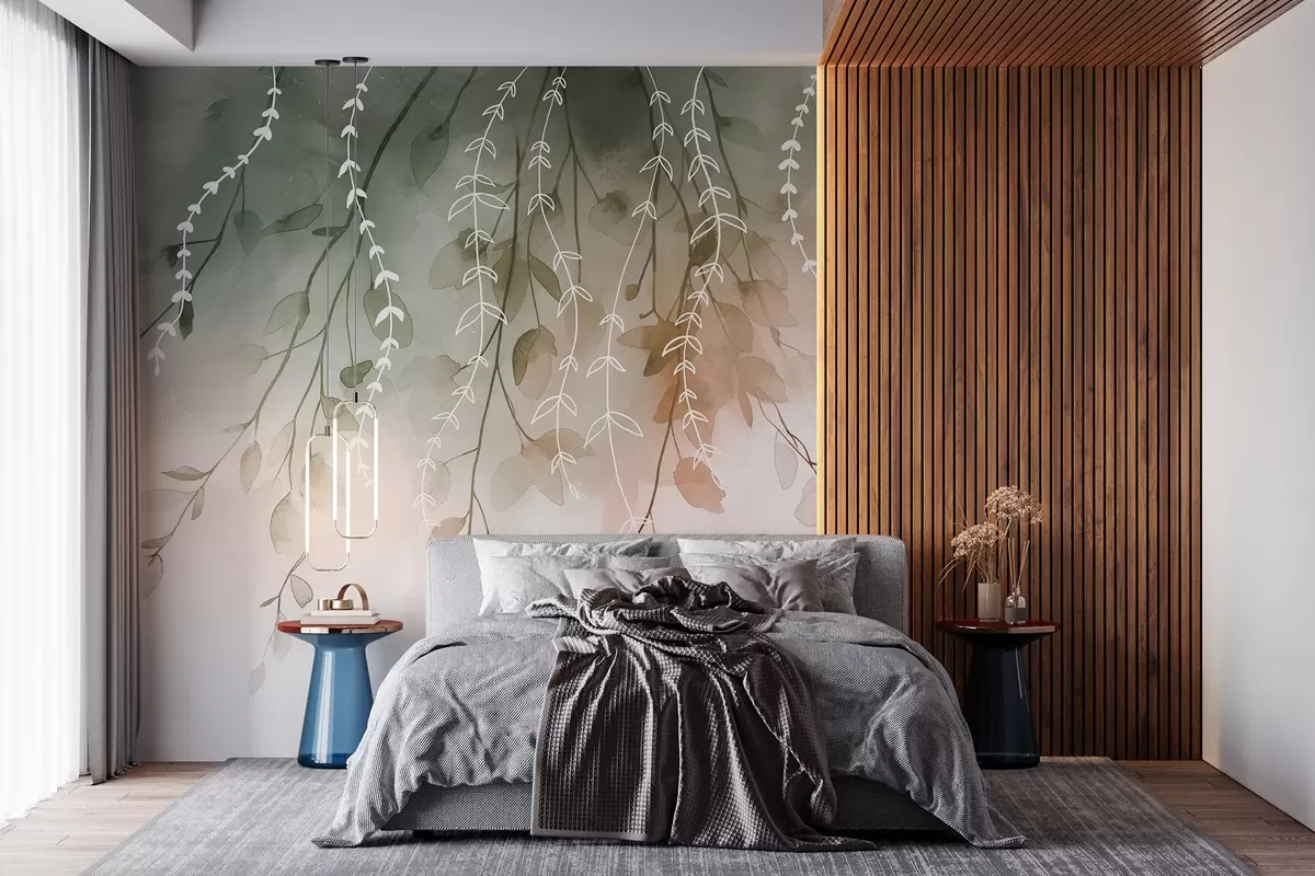 Wall Mural Photo Wallpaper Branches with leaves in watercolor style, natural autumn colors w04007v1