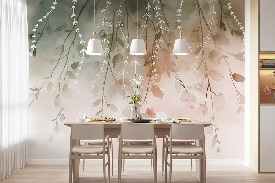 Wall Mural Photo Wallpaper Branches with leaves in watercolor style, natural autumn colors w04007v1