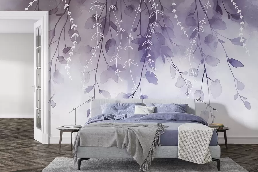 wall murals Branches with leaves in watercolor style, natural purple colors w04007v2