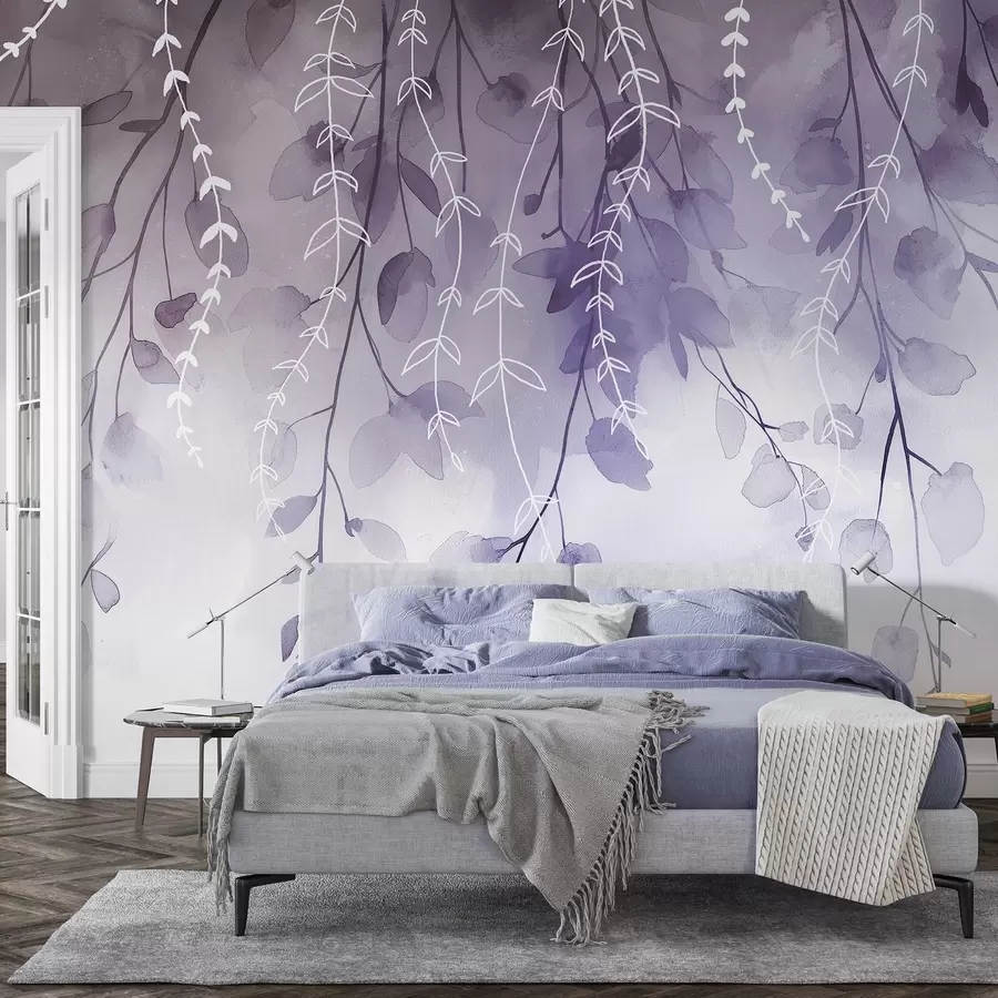 Wall Mural Photo Wallpaper Branches with leaves in watercolor style, natural purple colors w04007v2