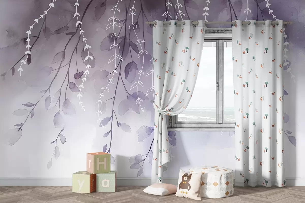 peintures murales Branches et feuilles en style aquarelle, couleurs violettes naturelles w04007v2