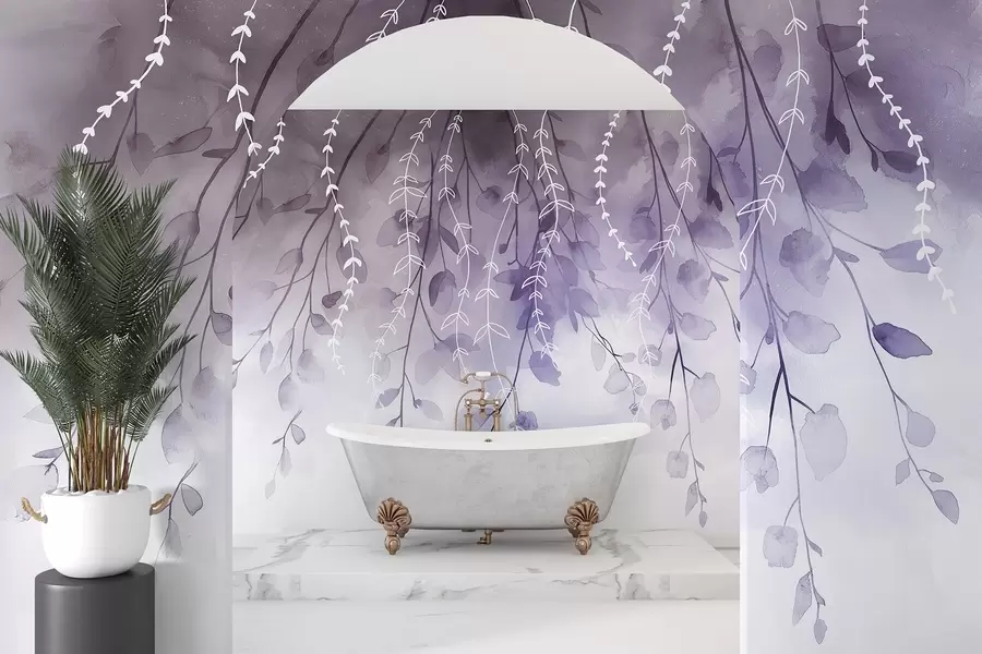 wall murals Branches with leaves in watercolor style, natural purple colors w04007v2