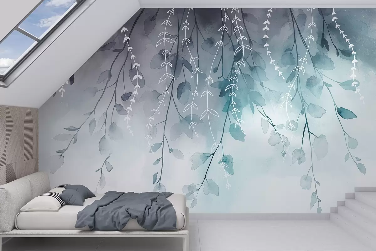 wall murals Branches with leaves in watercolor style, natural aquamarine colors w04007v3
