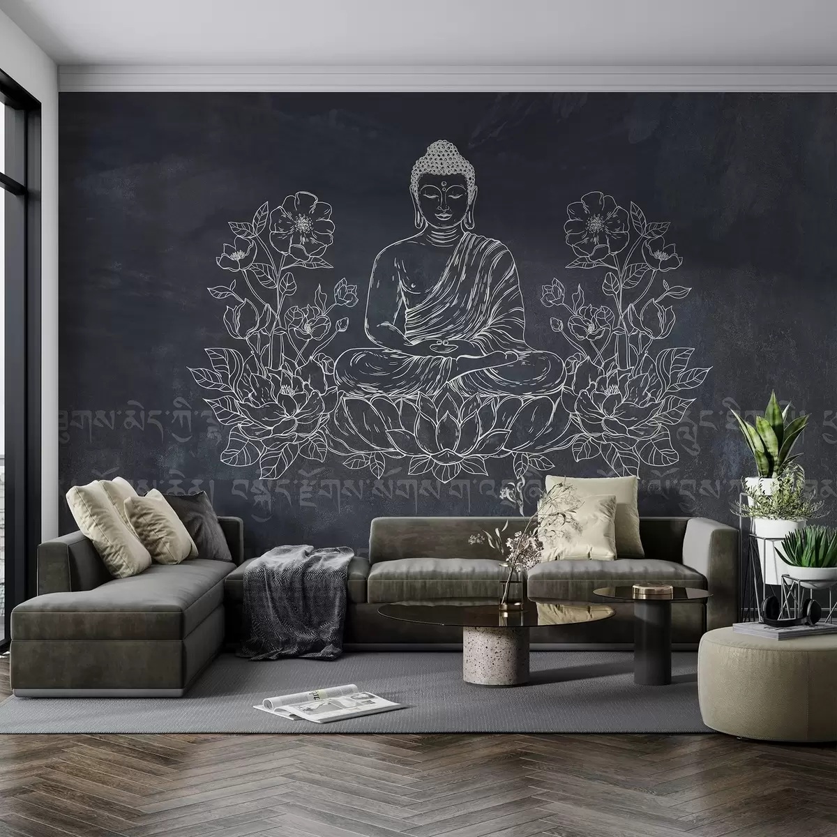 wall murals Meditating Buddha with lotus flowers, line art, oriental, dark background w04008