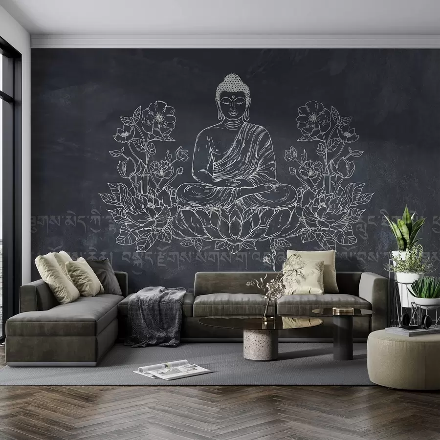 peintures murales Bouddha en méditation avec des fleurs de lotus, dessin au trait, oriental, fond sombre w04008