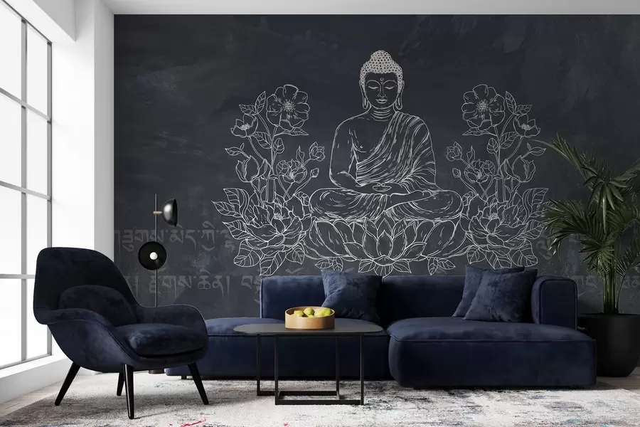 peintures murales Bouddha en méditation avec des fleurs de lotus, dessin au trait, oriental, fond sombre w04008
