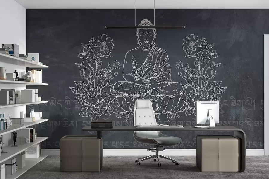 peintures murales Bouddha en méditation avec des fleurs de lotus, dessin au trait, oriental, fond sombre w04008