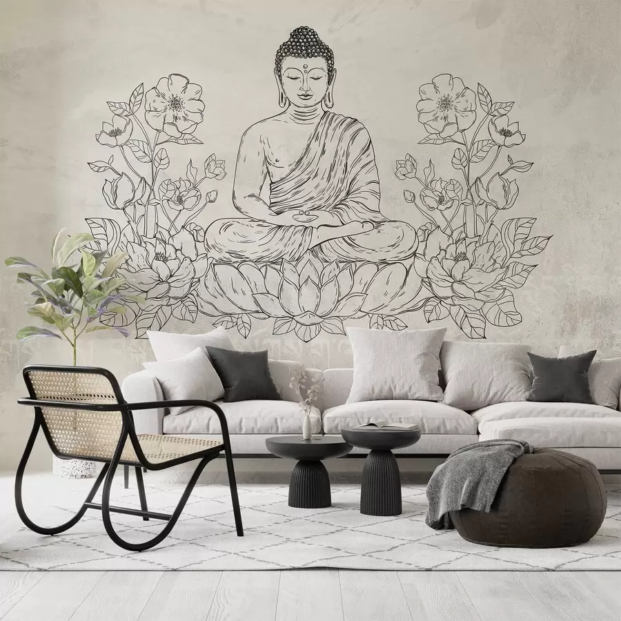 peintures murales Bouddha en méditation avec des fleurs de lotus, dessin au trait, oriental, fond beige w04008v1