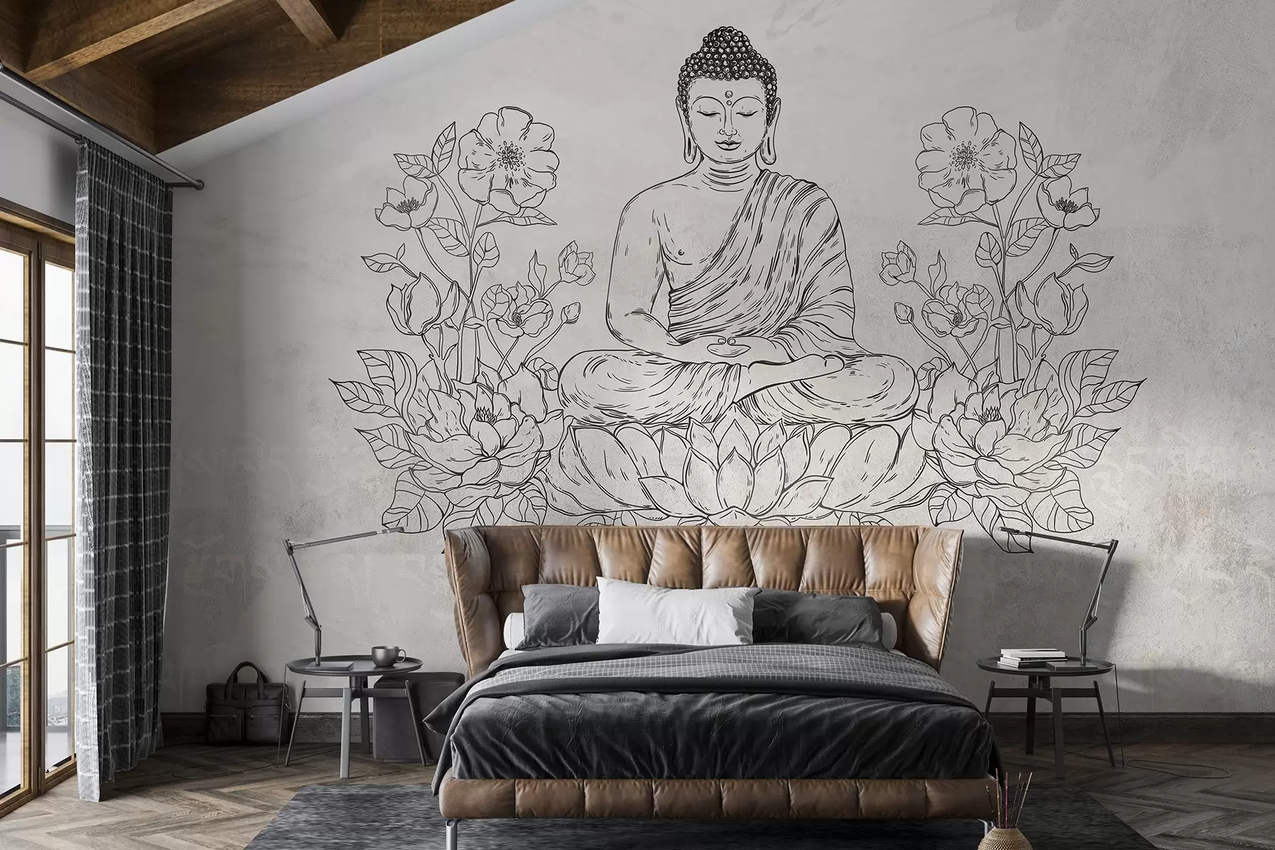 Wall Mural Photo Wallpaper Meditating Buddha with lotus flowers, line art, oriental, beige background w04008v1
