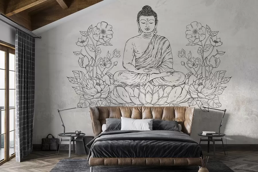 wall murals Meditating Buddha with lotus flowers, line art, oriental, beige background w04008v1