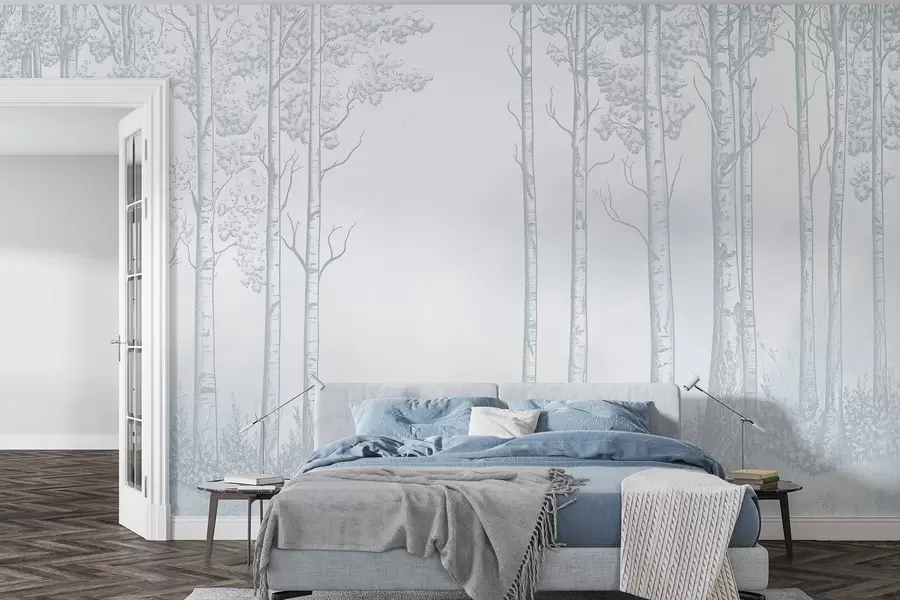 Wall Mural Photo Wallpaper Forest with birch trees, minimalism, nature, blue color palette  w04009