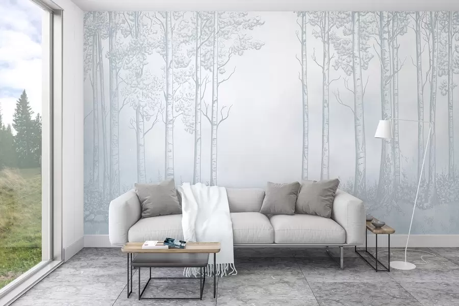 wall murals Forest with birch trees, minimalism, nature, blue color palette w04009