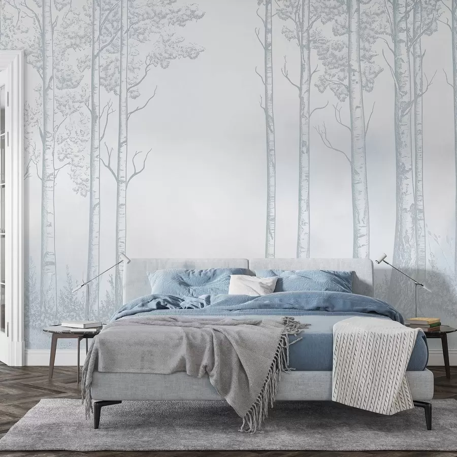 murales Bosque con abedules, minimalismo, naturaleza, paleta de colores azules w04009