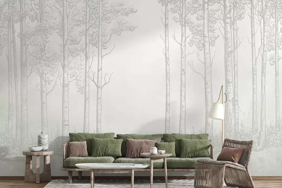 wall murals Forest with birch trees, minimalism, nature, green color palette w04009v1