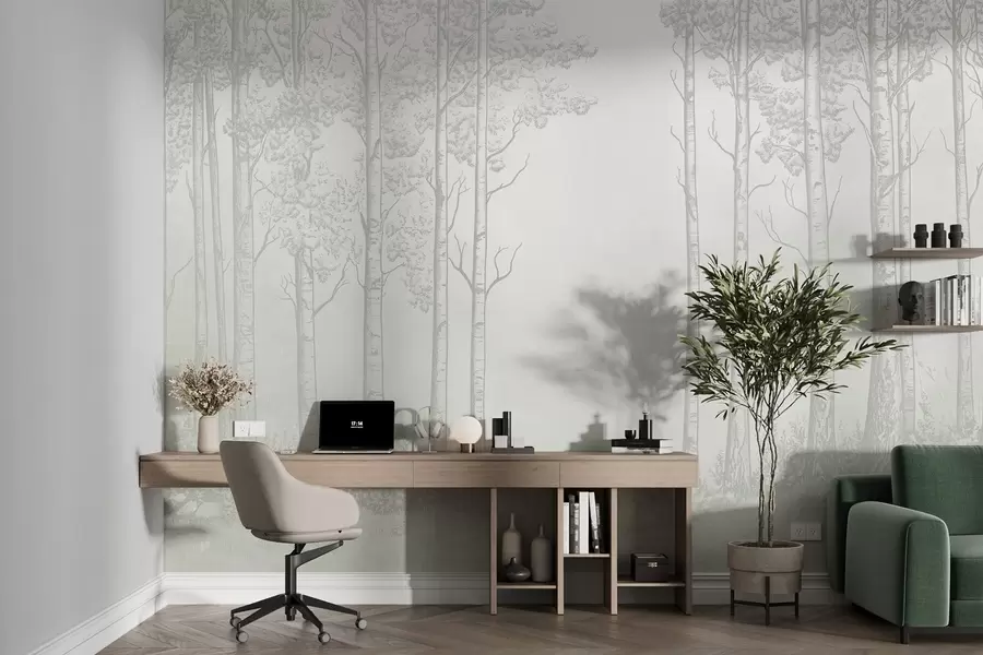 wall murals Forest with birch trees, minimalism, nature, green color palette w04009v1