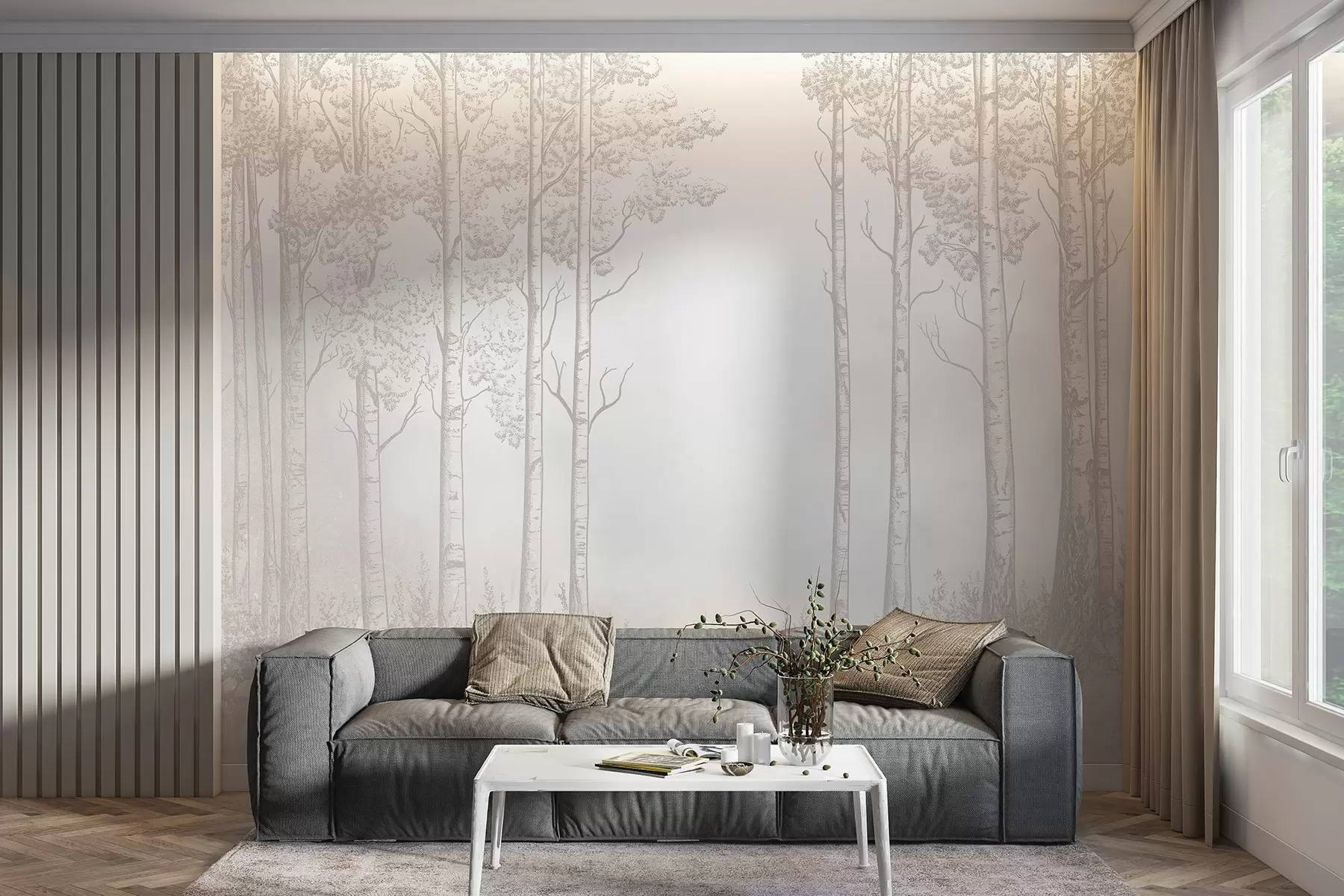 Wall Mural Photo Wallpaper Forest with birch trees, minimalism, nature, beige color palette  w04009v3