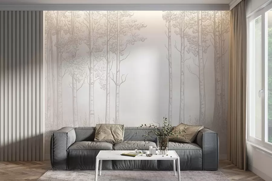 wall murals Forest with birch trees, minimalism, nature, beige color palette w04009v3