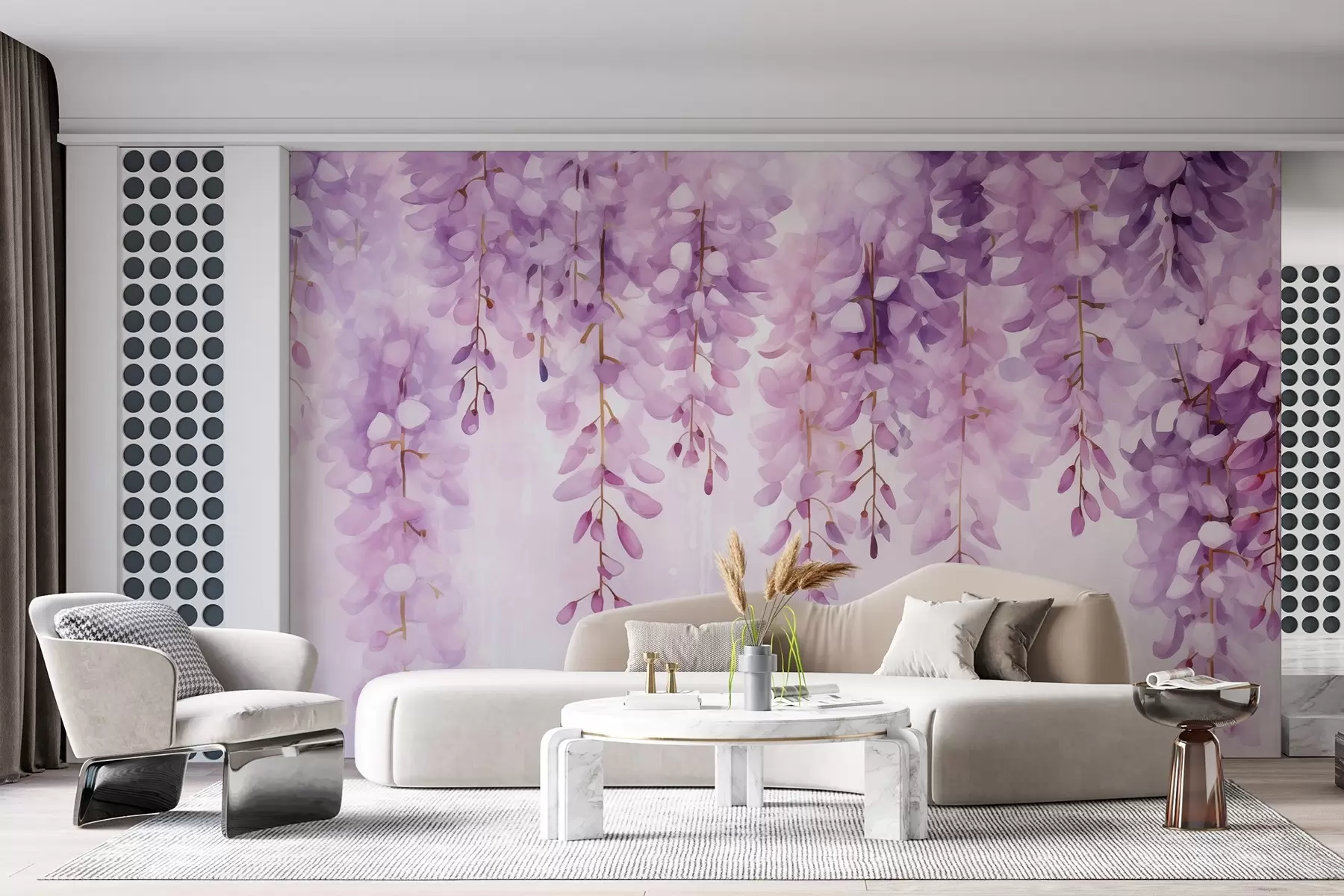 murais de parede Composição delicada em aguarela com glicínias em cascata em tons suaves de lavanda e rosa, criando um ambiente tranquilo, w04034