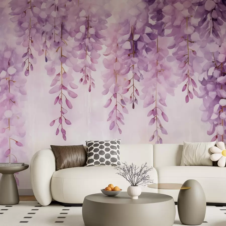 Wall Mural Photo Wallpaper Delicate watercolor composition with cascading wisteria in soft lavender and pink tones, creating a peaceful, w04034