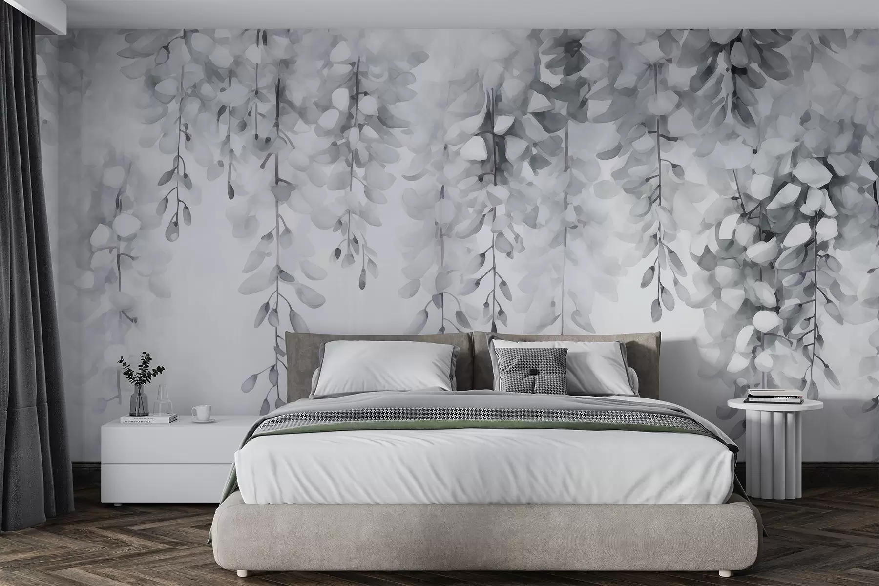 Wall Mural Photo Wallpaper Monochrome watercolor with cascading wisteria in cool silver and white tones, evoking stillness and winter softness w04034v1
