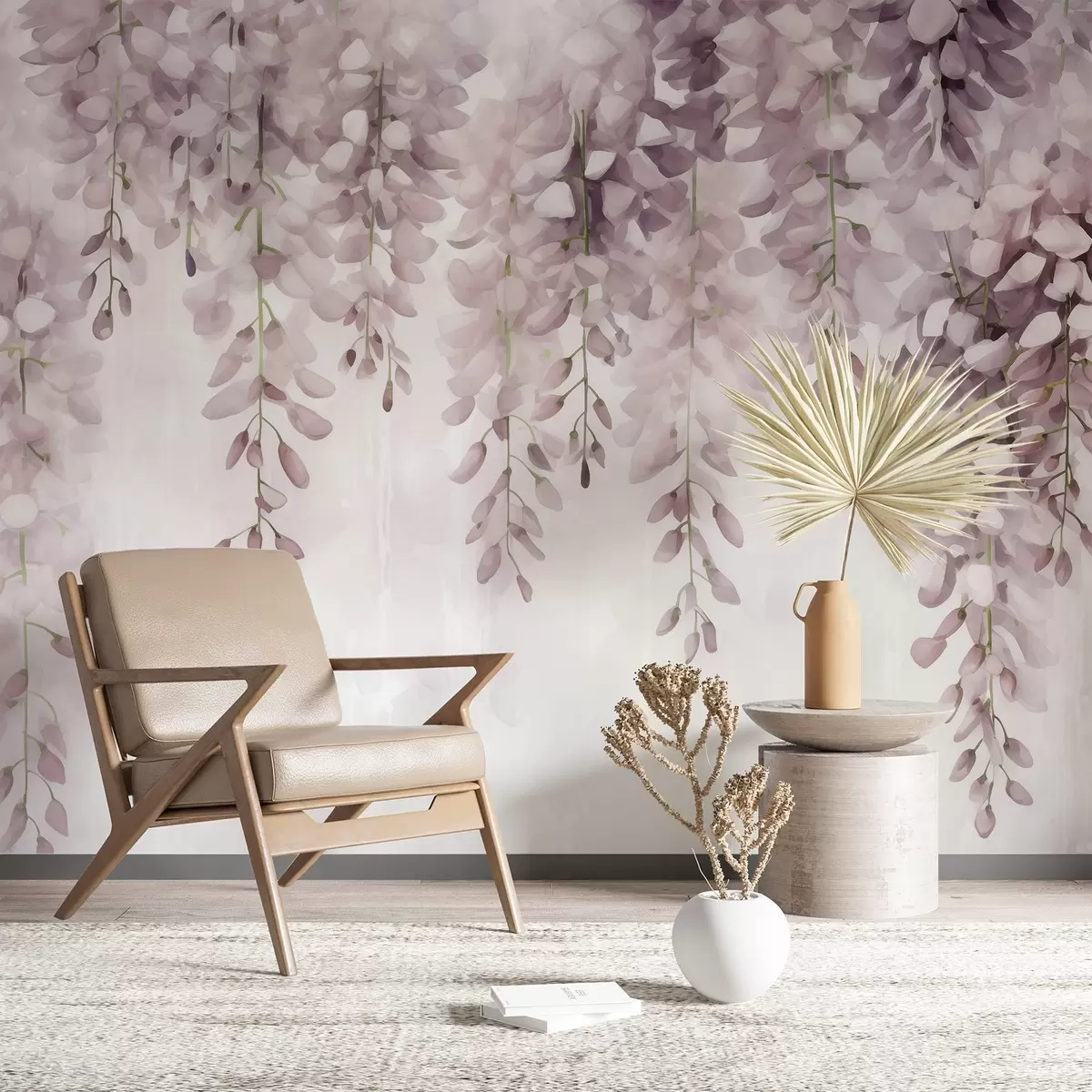Wall Mural Photo Wallpaper Soft watercolor scene in creamy pink tones, with cascading wisteria clusters forming a dreamy floral curtain w04034v2
