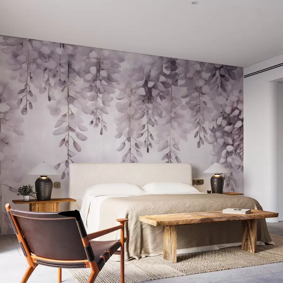 Wall Mural Photo Wallpaper Watercolor scene with soft lilac wisteria cascading from above, evoking the calm and clarity of an early morning haze w04034v3
